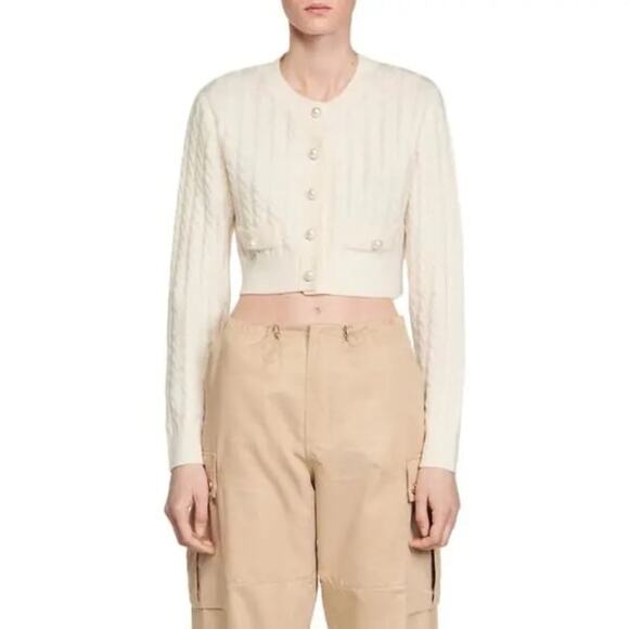 Sandro Elina Cable Stitch Wool Blend Crop Cardigan Ecru S - Picture 1 of 10